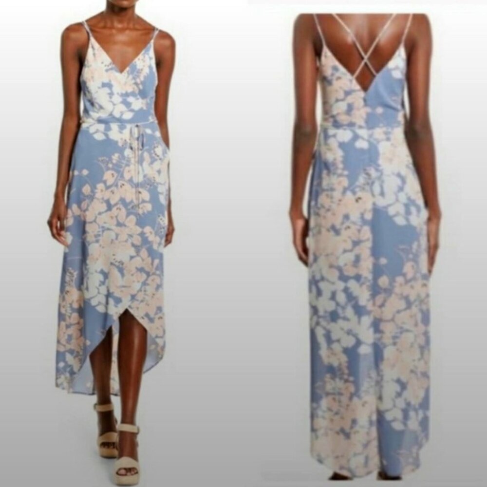 ASTR | Floral Hi Low Dress Faux Wrap Blue Slate w/ Peach & Cream | Size Small
